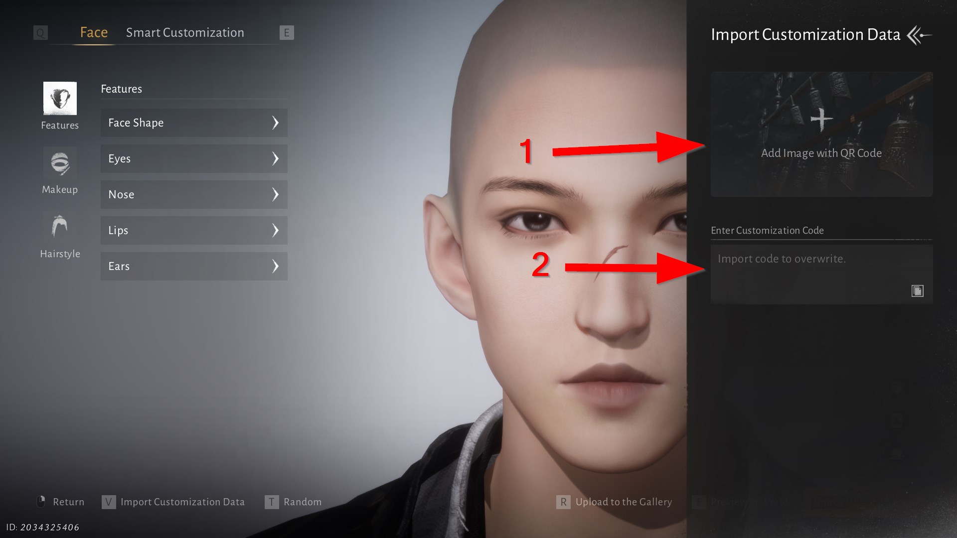Where Winds Meet import panel with QR upload and Enter Customization Code field